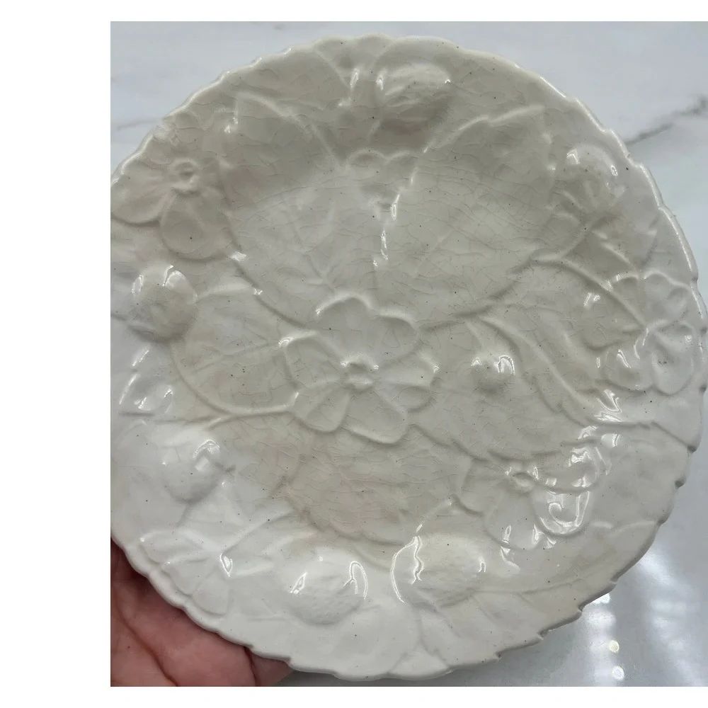 Vintage P-V France Embossed Floral Strawberry Ceramic Plates Set of 2 Cream
